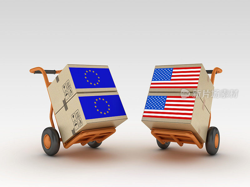手卡车和纸板盒与美国欧盟旗帜- 3D渲染
